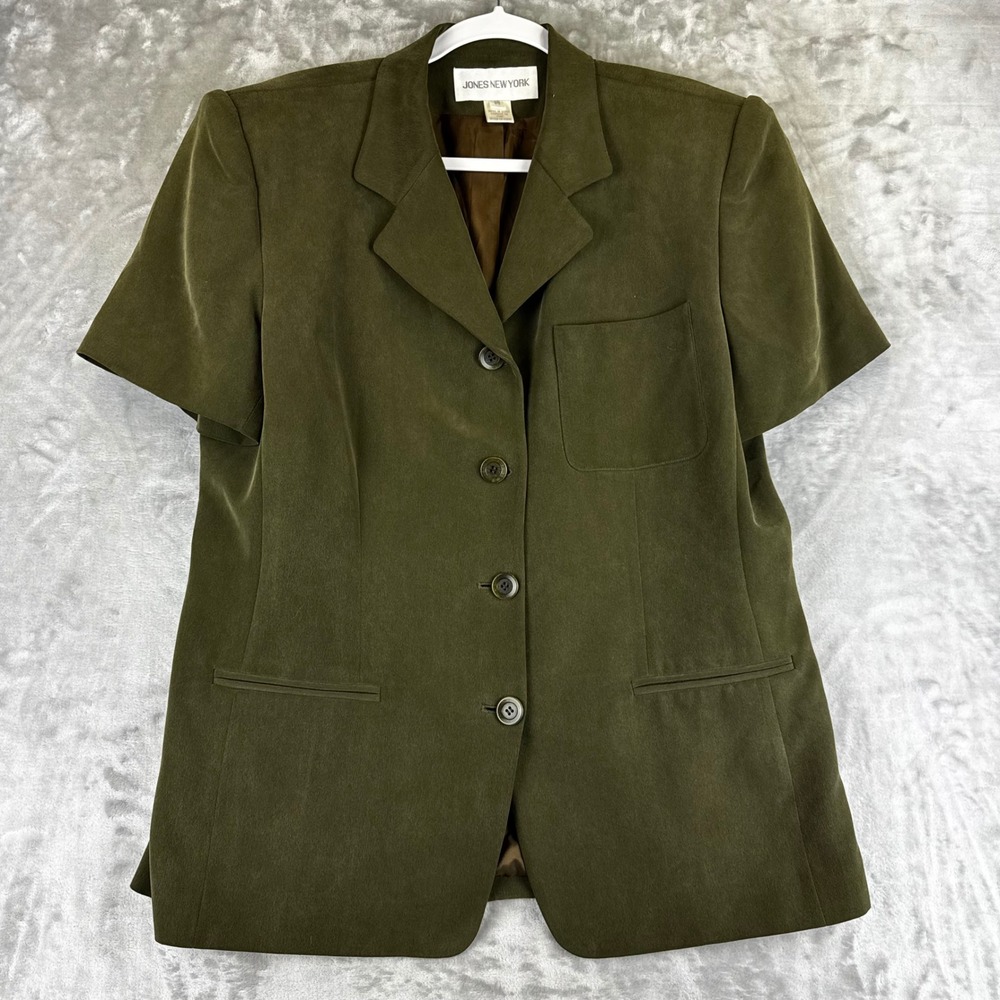 Jones New York Blouse Womens 14 Green Silk Short Sleeve 4 Button Vintage (1532)